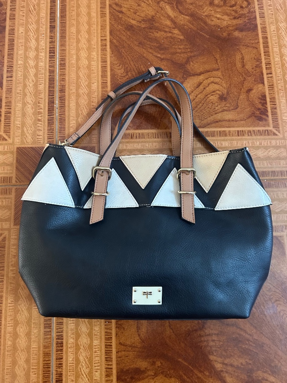 Kate Landry Faux Leather Black/White/Tan Geometric Deaign with shoulder strap